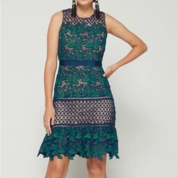 Belle by Badgley Mischka Deanndra Embroidered A-Line Dress Emerald Navy - Picture 1 of 10
